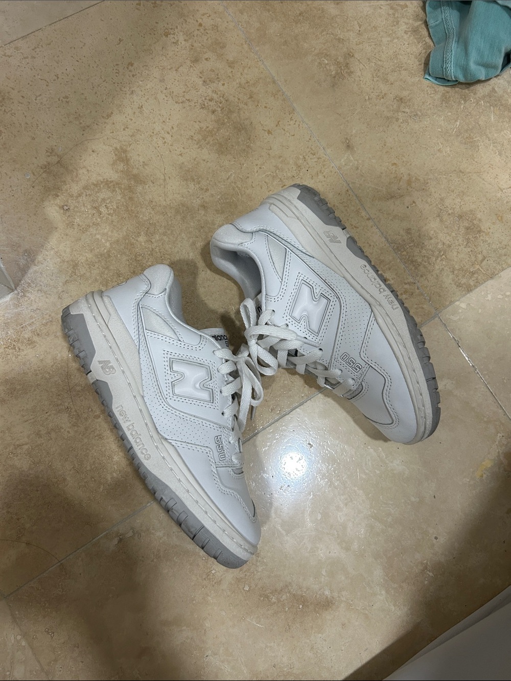 New Balance White and Grey Leather Low-Top Sneakers